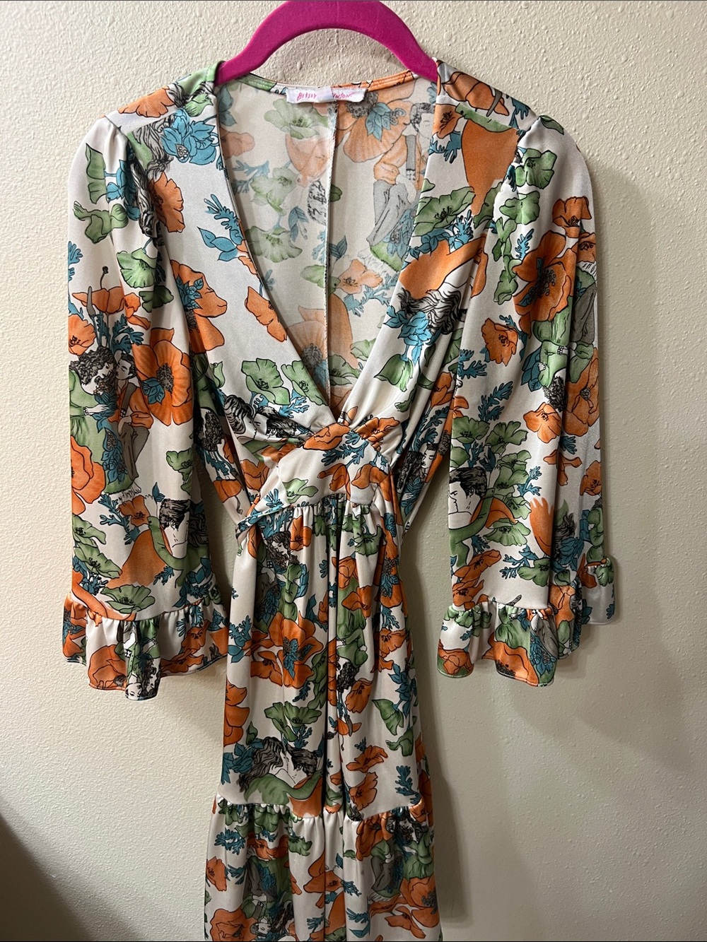 Betsey Johnson Cream Floral Wrap Maxi Dress with Orange & Green Accents